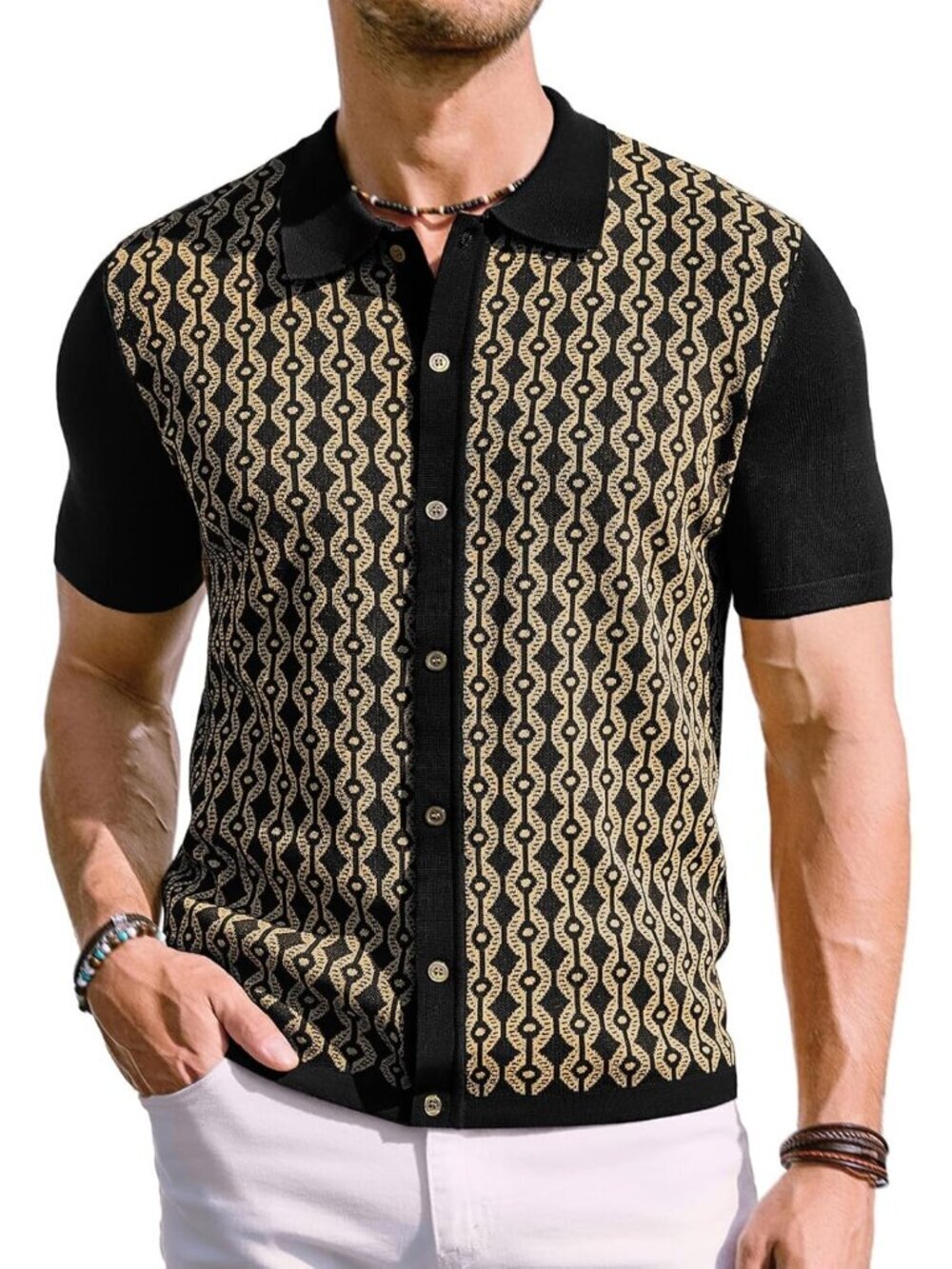 Men's Black Gold 70s Vintage Contrast Polo Short Sleeve Retro Knitwear Shirt